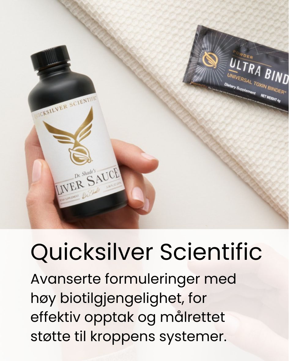 Kosttilsksudd fra Quicksilver Scientific. Liver sauce og ultra binder på bord.