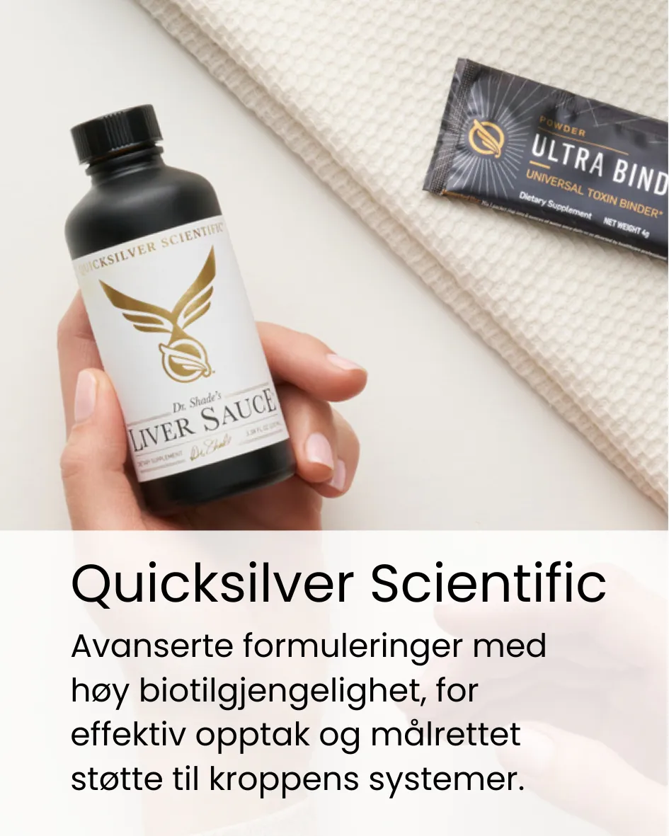 Kosttilsksudd fra Quicksilver Scientific. Liver sauce og ultra binder på bord.