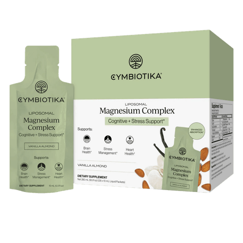 Cymbiotika Liposomal Magnesium Complex i porsjonspose og eske. Liposomalt magnesiumtilskudd med vanilje- og mandelsmak for daglig bruk.