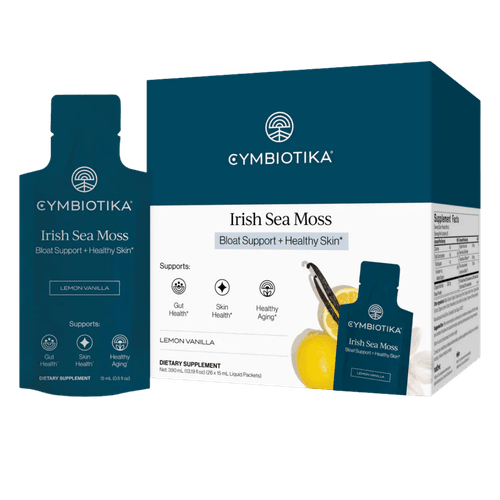 Cymbiotika Irish Sea Moss i porsjonspose og eske. Kosttilskudd med irsk sjømos i flytende format med sitron- og vaniljesmak.